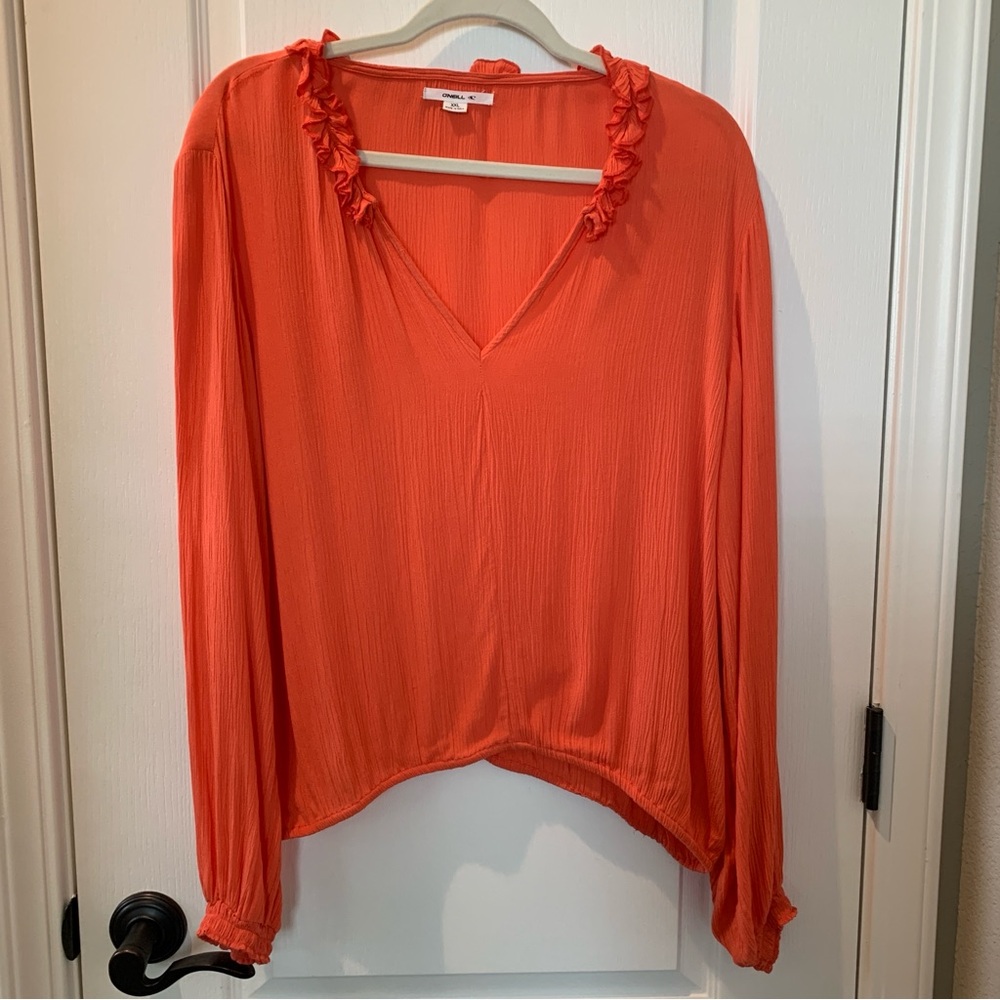 O’NEILL Women’s Long-sleeve Coral Orange Ruffle V-Neck Blouse Top XXL - Picture 2 of 12